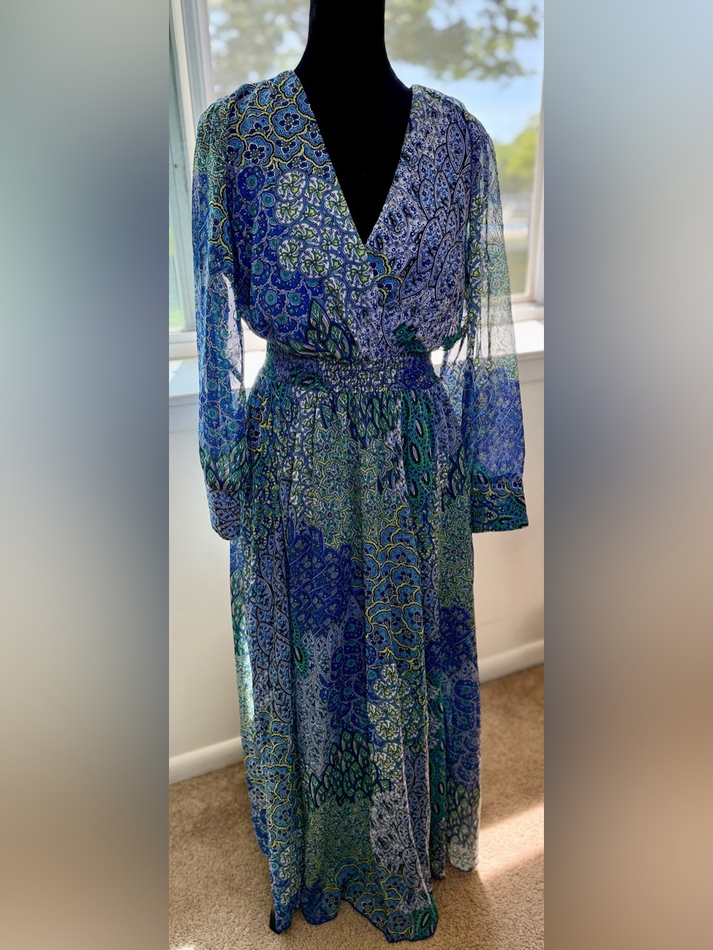 Alexa B Nite maxi blue green paisley dress resort chic party petite size 6 - Picture 1 of 12